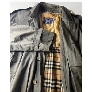 BURBERRYS VTG Men Olive Green Wool Trench Coat Zip Out Nova Print Liner 54” Long